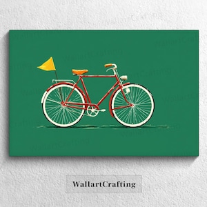 May include: A red bicycle with white tyres and a yellow flag against a green backdrop. The bicycle features a brown saddle and handlebars. The image is a painting on canvas, with "WallartCrafting" text at the bottom.