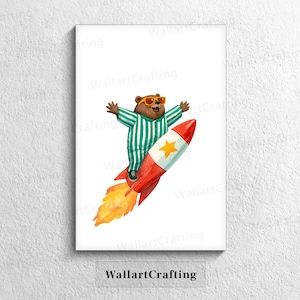 May include: A vertical wall art print featuring a brown bear wearing green and white striped pyjamas and orange sunglasses, riding a red and white rocket ship with a yellow star emblem. The rocket emits a bright orange and yellow flame trail.