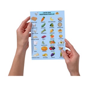 Puede incluir: Una lámina rectangular de color azul claro titulada Lacto-Ovo Vegetarian Food List, que presenta filas de ilustraciones coloridas de diversos alimentos, incluyendo huevos, zanahorias, plátanos, quinoa, yogur, calabacín, aguacate, arroz y frutas.