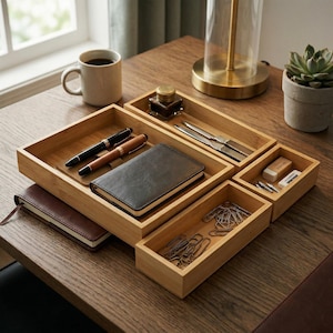 Puede incluir: Un organizador de escritorio de madera con múltiples compartimentos. El organizador contiene bolígrafos, un cuaderno, clips, gomas de borrar y otros útiles de oficina. Una taza de café y una pequeña planta suculenta en maceta también están en el escritorio.