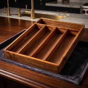 May include: A wooden cutlery tray with multiple compartments, crafted from a rich, warm-toned wood. The tray is designed to organize silverware and utensils. It sits on a dark gray, velvety tray, adding a touch of elegance to the kitchen.