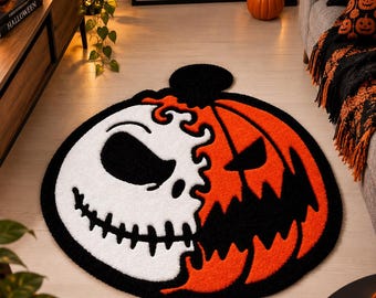 Handmade Halloween Rug 70x70 cm | Unique Jack O Lantern Skull Rug | Hand Tufted Halloween Decor | Gothic Fall Home Decor