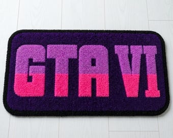 Tufted Rug GTA VI Custom Tufted Rug | Vice City Gamer Room Decor | Neon Pink & Purple Handcrafted Acrylic Gaming Mat | Grand Theft Auto 6 F