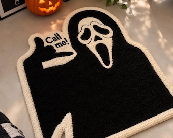 Halloween Tufted Rug, Handmade Horror Ghost Rug, Black & Cream Acrylic Rug, Spooky Home Decor, Unique Halloween Gift, 70x60 cm