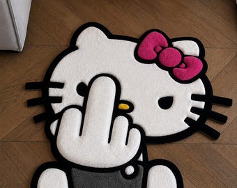 Hello Kitty Middle Finger Rug, Handmade Tufted Rug, Kawaii Room Decor, Custom Anime Rug, Funny Cute Bedroom Decor, Unique Gift