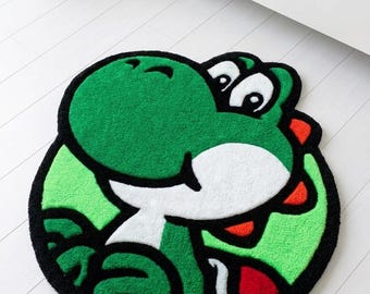 Cute Cartoon Dinosaur Rug – Green Yoshi Style Tufted Rug, Handmade Gaming Room Decor, Kids Room Carpet
