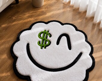 Smiley Face Tufted Rug 70x70 cm, Handmade Money Rug, Cute Winking Flower Rug, Y2K Room Decor, Funny Gift for Bedroom & Living Room