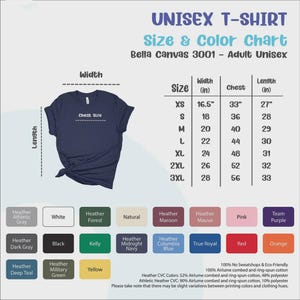 May include: A navy blue unisex t-shirt with a size and color chart. The chart lists sizes XS to 3XL with measurements in inches for width, chest, and length. Color options include white, black, red, and more.