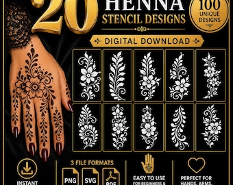 May include: A digital download set of 20 henna stencil designs featuring 100 unique patterns in PNG, SVG, and PDF formats. The graphic displays a hand with a floral henna tattoo and ten white line-art floral motifs on a black background.