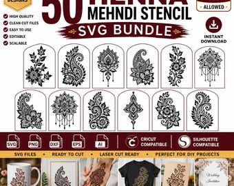Pakiet 50 szablonów henny mehndi w formacie SVG | Arabskie wzory mandali kwiatowych (pobranie cyfrowe)