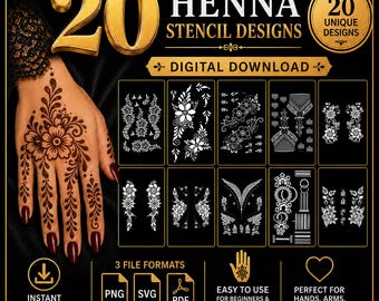 20 Henna Stencils SVGs | Bridal Mehndi Designs for Cricut Silhouette | Arabic Henna Stencils SVG | Hand Henna Template Cut File