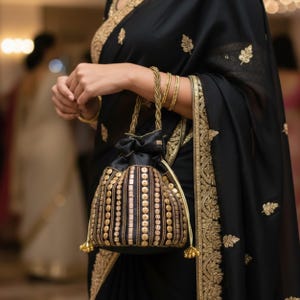 May include: A black drawstring bag with gold detailing is held by a person wearing a black sari with gold embroidery. The bag has vertical rows of gold beads and a gold drawstring. Gold bangles are visible on the wrist.