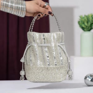 Silver Pearl Potli Bag, Handcrafted Beaded Bridal Purse, Wedding Clutch.