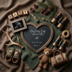 Pode incluir: Um anúncio com um quadro-negro em forma de coração que diz "Future Hunting Buddy with camo antlers". A imagem inclui sapatos de bebê, um ursinho de pelúcia, binóculos e blocos de madeira que soletram "BABY". Uma ultrassonografia está em uma moldura de madeira.