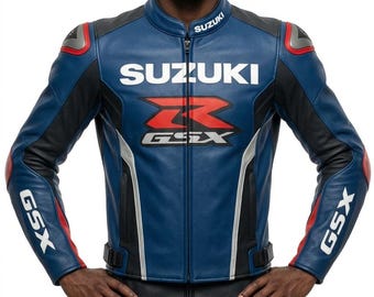 Chaqueta de cuero para moto Suzuki GSX-R para hombre / Chaqueta de motorista azul estilo carreras / Regalo para él