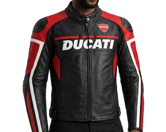 Chaqueta de moto de cuero estilo Ducati para hombre / Chaqueta de motociclista de carreras negra y roja