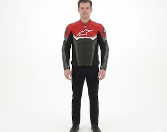 Chaqueta de cuero para motociclista Alpinestar hecha a mano / Conjunto de motociclista rojo de carreras para hombre