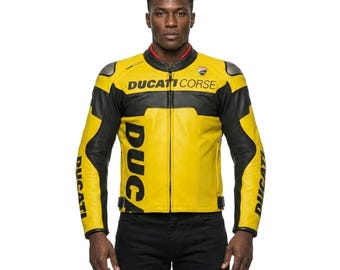 Chaqueta de cuero para motociclista Ducati amarilla y negra / Abrigo de motociclista / Conjunto de motociclista estadounidense