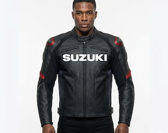 Chaqueta de cuero para moto Suzuki / Chaqueta de motociclista negra de carreras / Regalo protector para motociclistas