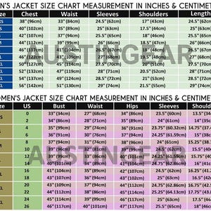 Puede incluir: Una tabla de tallas de chaquetas para hombres y mujeres, que muestra las medidas en pulgadas y cent&iacute;metros. La tabla incluye tallas, medidas de pecho, cintura, manga, hombro y largo para chaquetas de hombre, y tallas de EE. UU., busto, cintura, cadera, manga y hombro para mujer.