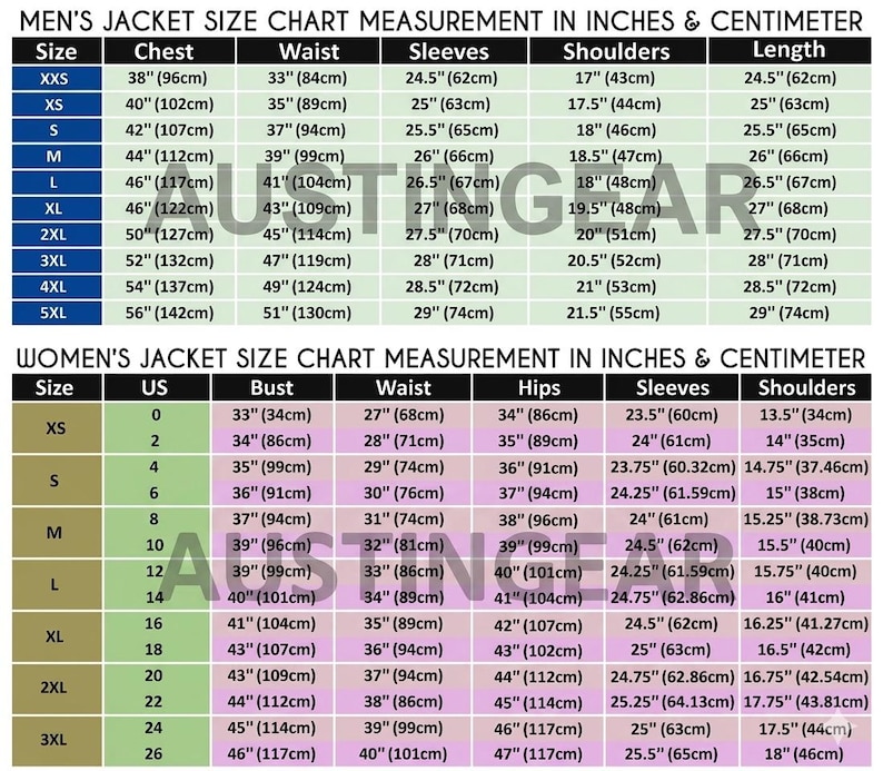 Puede incluir: Una tabla de tallas de chaquetas para hombres y mujeres, que muestra las medidas en pulgadas y cent&iacute;metros. La tabla incluye tallas, medidas de pecho, cintura, manga, hombro y largo para chaquetas de hombre, y tallas de EE. UU., busto, cintura, cadera, manga y hombro para mujer.