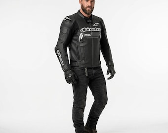 Chaqueta de moto de cuero Alpinestar para hombre / Chaqueta de motociclista negra de carreras / Equipo de protección para motociclistas