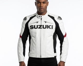 Chaqueta de cuero para moto Suzuki para hombre / Conjunto de motociclista de carreras blanco / Abrigo protector para motociclista (regalo)