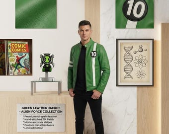 Abrigo de cuero hecho a mano a medida - Chaqueta verde de cosplay de superhéroe Ben 10