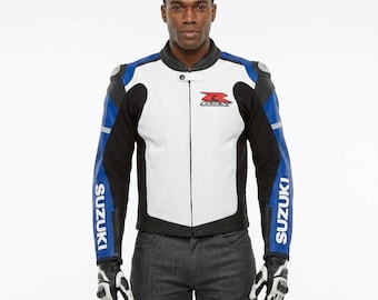 Chaqueta de cuero para motociclista Suzuki GSXR para hombre / Equipamiento para motociclistas / Abrigo blanco para motociclista