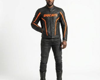 Chaqueta de moto Ducati de cuero negro para hombre / Equipamiento de competición / Chaqueta de motorista de corte ajustado