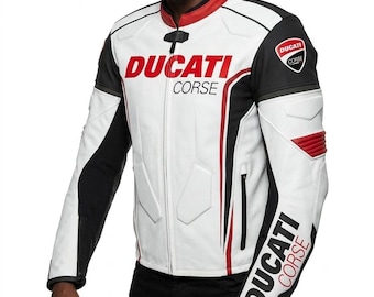 Chaqueta de moto de cuero Ducati Corse para hombre / Conjunto de motociclista de carreras blanco / Regalo para él