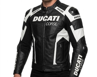 Chaqueta de moto de cuero Ducati Corse con certificación CE. Conjunto de motociclista de carreras con protecciones.