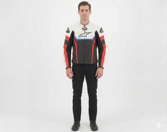 Chaqueta de moto de cuero Alpinestars / Abrigo de motociclista de carreras de piel de vaca con protecciones / Equipamiento para motociclistas