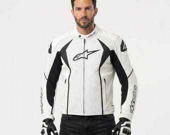 Chaqueta de cuero blanca para motociclista Alpinestars para hombre / Conjunto de motociclista de carreras / Abrigo de cuero para moto deportiva