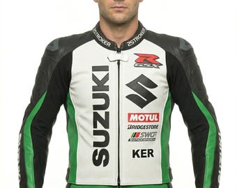 Chaqueta de motociclista Suzuki Racing / Conjunto de cuero para hombre / Abrigo de motociclista blanco y verde