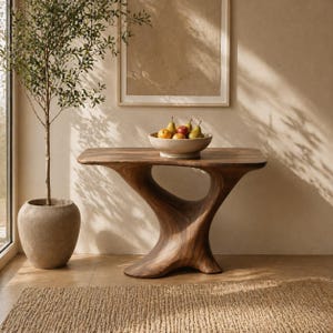 Può includere: Un tavolo consolle in legno marrone scuro con un design organico unico. Il tavolo ha una base scultorea distintiva. Una ciotola di frutta è sul piano del tavolo. Un albero in vaso e un'opera d'arte incorniciata sono sullo sfondo.