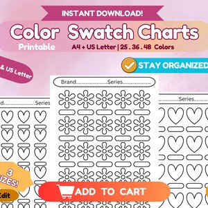 Könnte beinhalten: Druckbare Farbmusterkarten mit Blumen- und Herzmustern, erhältlich in den Größen A4 und US Letter. Das Bild enthält den Text "Color Swatch Charts" und "Stay Organized!"