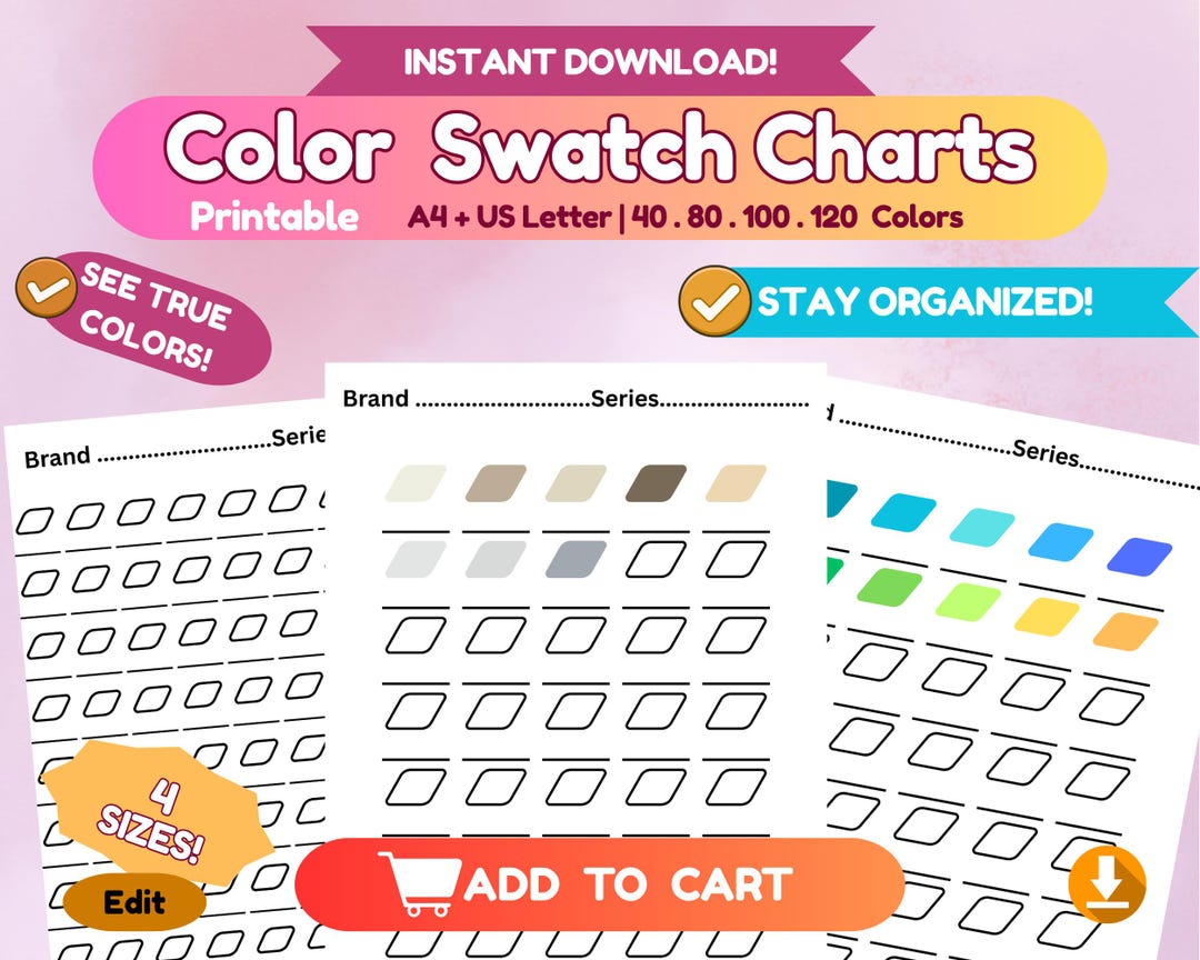 Color Swatch Chart Printable | A4 & US Letter | 40 80 100 120 Colors ...