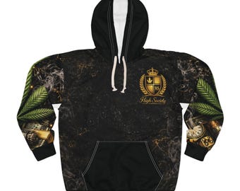 High Society Schädel Krone Hoodie/Schwarz und Gold Streetwear/Luxus Grafik Unisex Hoodie