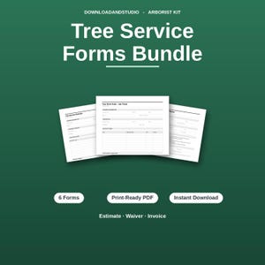 Może przedstawiać: Cyfrowy pakiet formularzy usług arborystycznych na ciemnozielonym tle. Tekst zawiera DOWNLOADANDSTUDIO - ARBORIST KIT, Tree Service Forms Bundle, 6 Forms, Print-Ready PDF, Instant Download oraz Estimate - Waiver - Invoice.