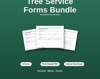 May include: A digital Tree Service Forms Bundle on a dark green background. The text reads DOWNLOADANDSTUDIO - ARBORIST KIT, Tree Service Forms Bundle, 6 Forms, Print-Ready PDF, Instant Download, and Estimate - Waiver - Invoice.