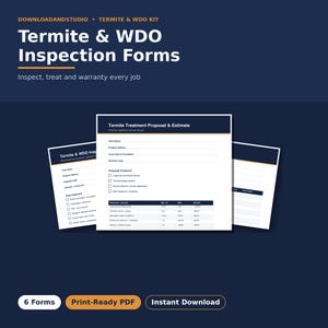 May include: A set of Termite & WDO Inspection Forms featuring a Termite Treatment Proposal & Estimate document. The white forms have dark blue headers and text, including fields for client name, property address, and treatment options.