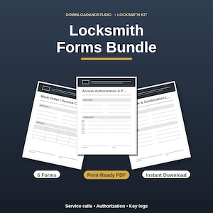 Puede incluir: Un paquete de formularios de cerrajería con tres plantillas de documentos blancos con texto y líneas negras sobre un fondo azul oscuro. El texto incluye "Locksmith Forms Bundle", "Work Order / Service C", "Access Authorization & P" y "Code & Combination L". Las etiquetas dicen "6 Forms", "Print-Ready PDF" e "Instant Download".