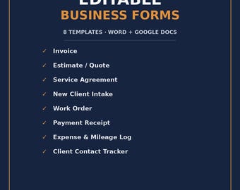 Pakiet edytowalnych formularzy biznesowych | 8 szablonów Word i Google Docs | Faktura, kosztorys, umowa, paragon | Natychmiastowe pobieranie