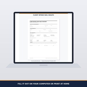 May include: A digital display showing a Client Intake and Nail Health History form. The document includes sections for salon information, client details, nail and skin health checkboxes, and a consent area with signature lines for the client and technician.