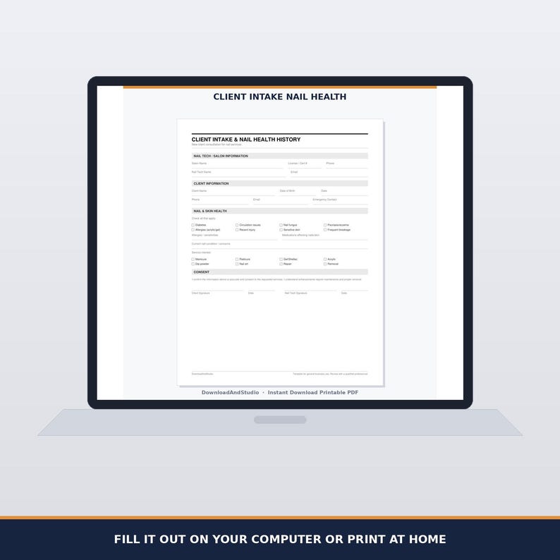 May include: A digital display showing a Client Intake and Nail Health History form. The document includes sections for salon information, client details, nail and skin health checkboxes, and a consent area with signature lines for the client and technician.