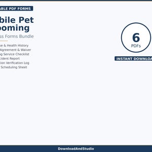 Puede incluir: Imagen digital para un "Mobile Pet Grooming Business Forms Bundle". La imagen muestra una lista de formularios, incluyendo admisión de mascotas, acuerdos de servicio y listas de verificación. También muestra "6 PDF" y "Descarga instantánea".