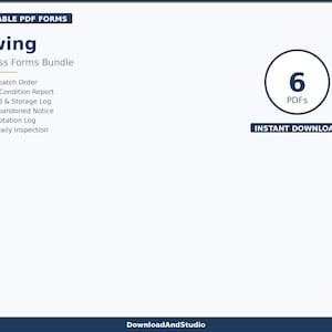 Puede incluir: Imagen digital que presenta un "Towing Business Forms Bundle". El paquete incluye seis formularios PDF, como la orden de envío y el informe de estado del vehículo. El texto "Descarga instantánea" también es visible.
