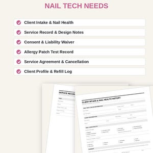May include: A digital collection of 6 printable forms for nail technicians, including Client Intake & Nail Health, Service Record & Design Notes, Consent & Liability Waiver, Allergy Patch Test Record, Service Agreement & Cancellation, and Client Profile & Refill Log.