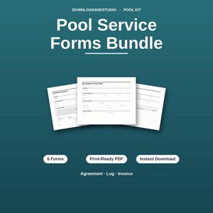 Könnte beinhalten: Ein Pool-Service-Formularpaket auf dunkelblaugrünem Hintergrund. Der Text lautet DOWNLOADANDSTUDIO - POOL KIT, Pool Service Forms Bundle, 6 Forms, Print-Ready PDF, Instant Download und Agreement - Log - Invoice mit drei weißen Formularen.